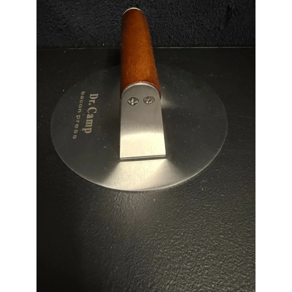 Dr. Camp Bacon Press Stainless Steel Round Meat Weight with Wood Handle Silver